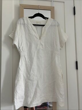 GILLIA White V-Neck Linen Short-Sleeve Tunic Dress Small